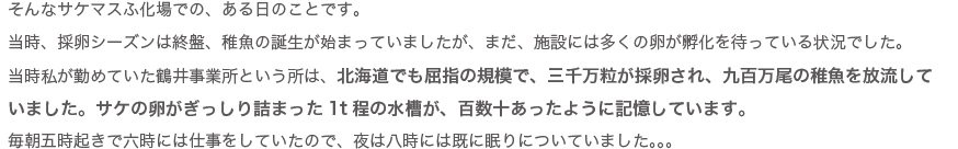 施設にはサケの卵がぎっしり詰まった1t程の水槽が百数十あった