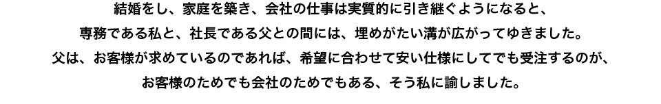 会社の仕事を実質的に引き継ぐようになると父の経営思想と自分のそれとの間に溝が広がっていった